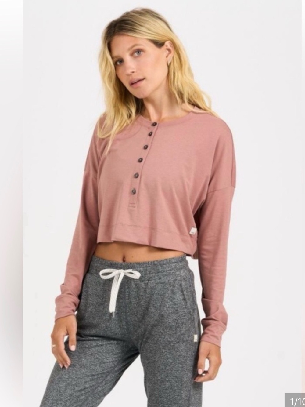 Vuori Avalon Cropped Henley Long-Sleeve Top in Dusty Rose